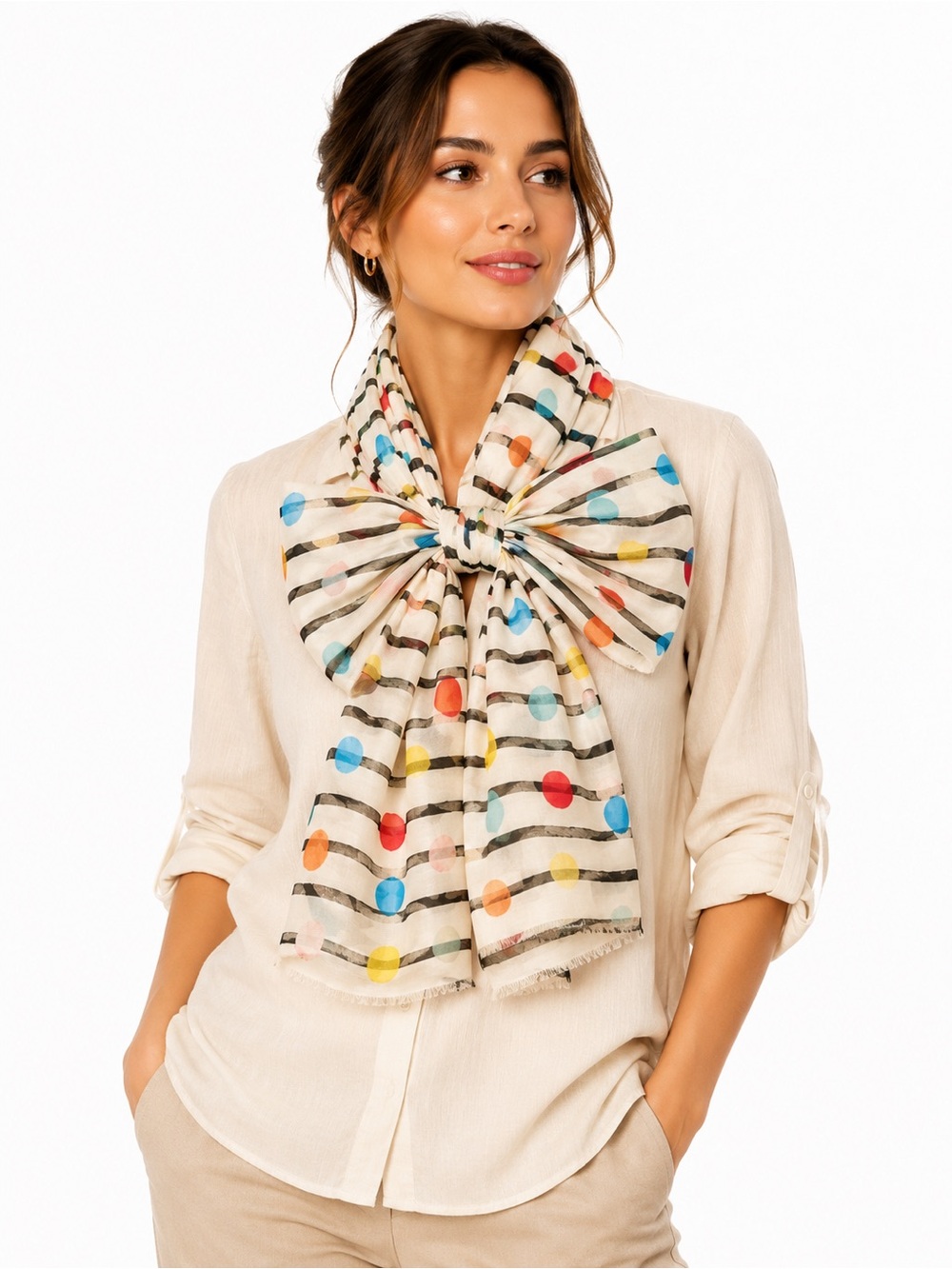 🎨 Modern Striped Scarf with Colorful Dots – Playful & Chic